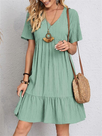 Jade™ - Women's Pleated Ruffle Solid Dresses Casual V-Neck