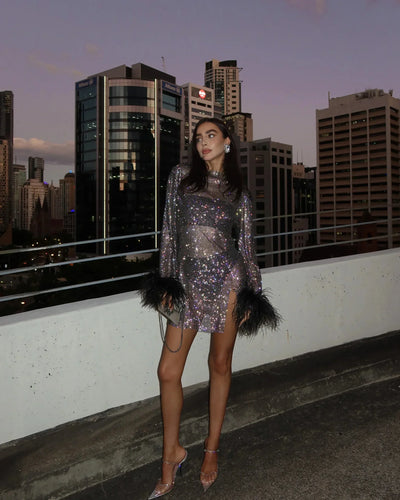 Léonie™ - Metallic Mini Dress with Shimmering Cuffs and Feathers