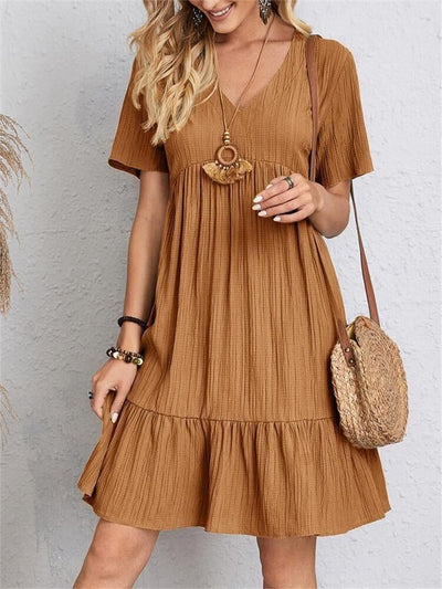 Jade™ - Women's Pleated Ruffle Solid Dresses Casual V-Neck