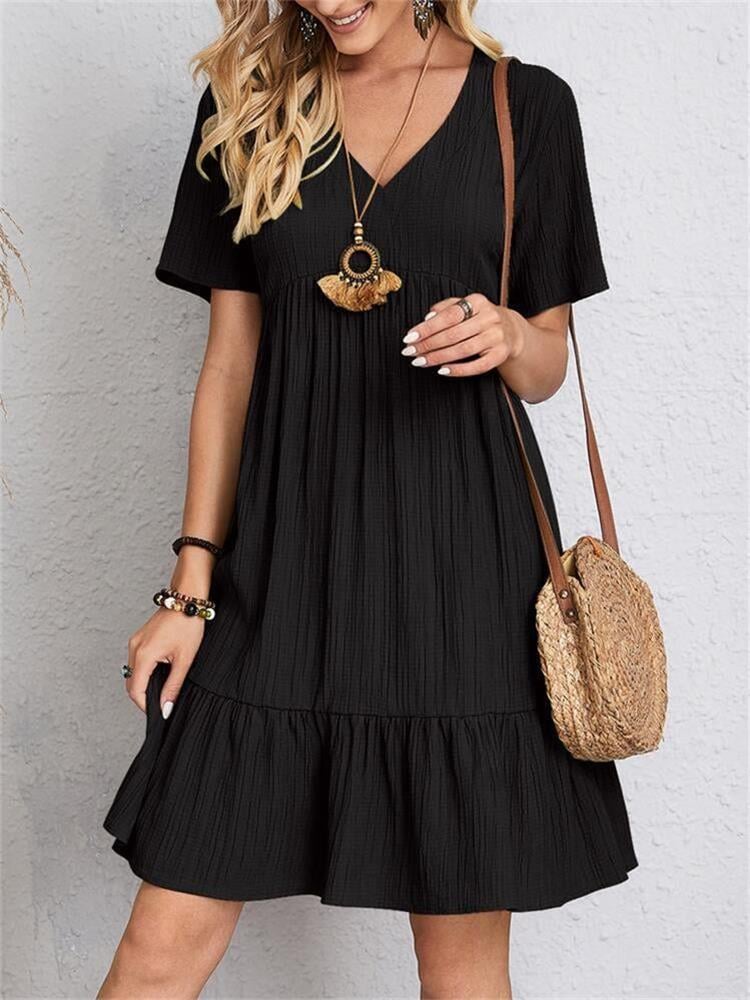 Jade™ - Women's Pleated Ruffle Solid Dresses Casual V-Neck