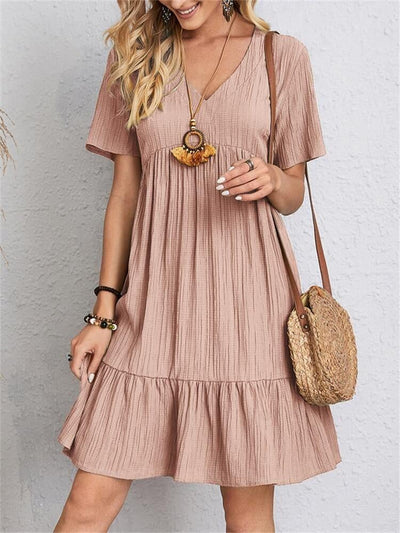 Jade™ - Women's Pleated Ruffle Solid Dresses Casual V-Neck