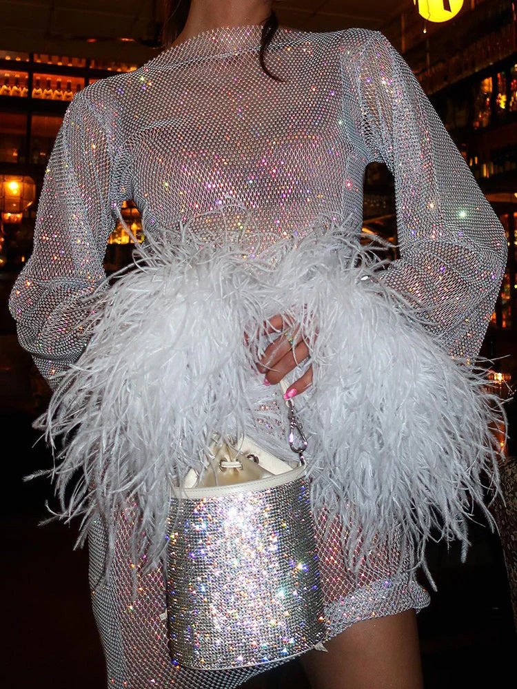 Léonie™ - Metallic Mini Dress with Shimmering Cuffs and Feathers