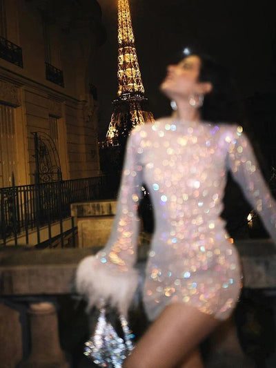Léonie™ - Metallic Mini Dress with Shimmering Cuffs and Feathers