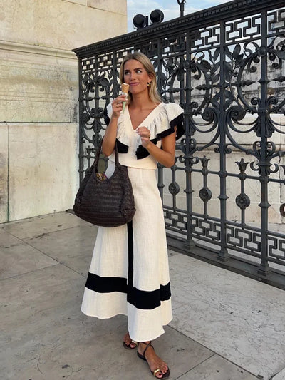 Melissa™ - Elegant Patchwork Ruffle Midi Dress with High Waist