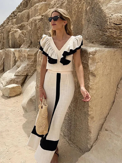 Melissa™ - Elegant Patchwork Ruffle Midi Dress with High Waist