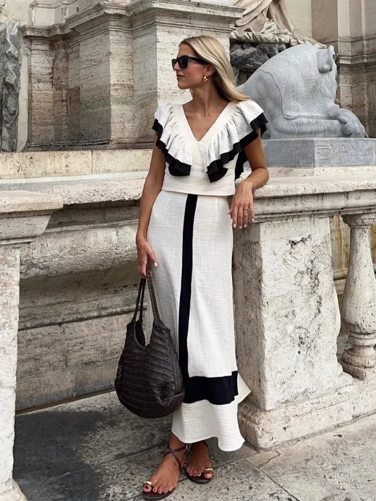 Melissa™ - Elegant Patchwork Ruffle Midi Dress with High Waist