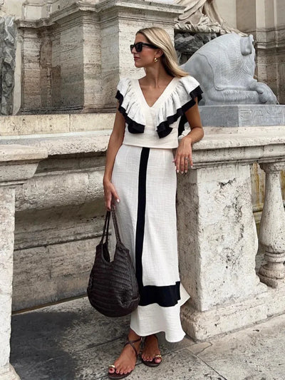 Melissa™ - Elegant Patchwork Ruffle Midi Dress with High Waist