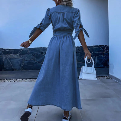 Rose™ - Long Denim Dress with V-Neck