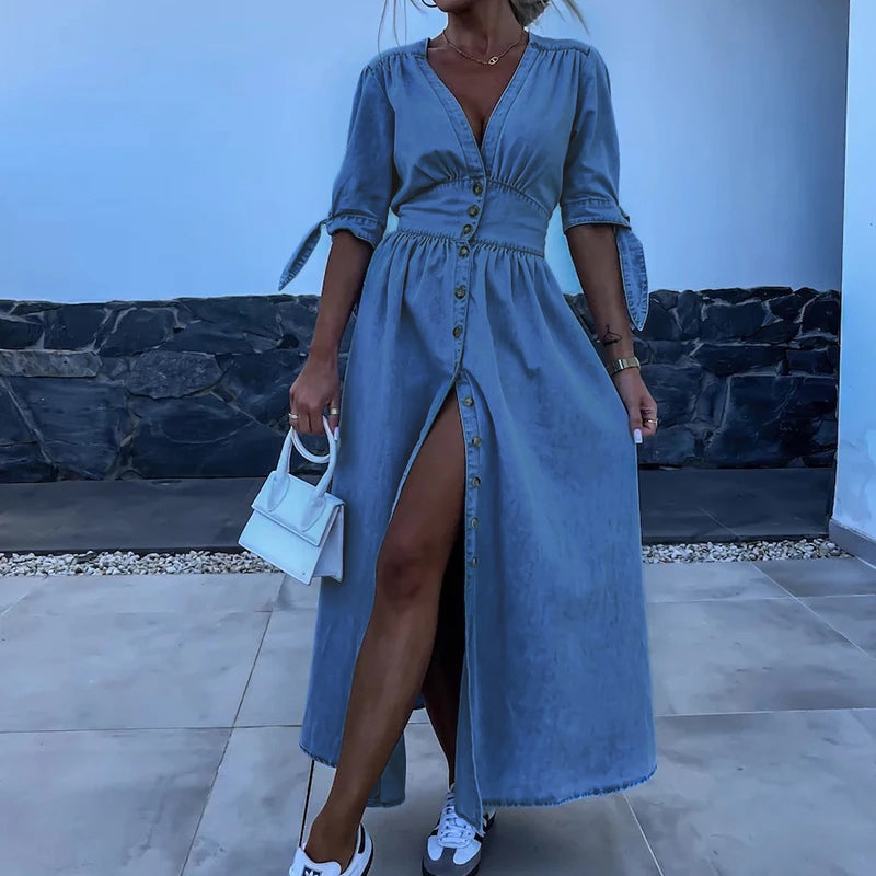 Rose™ - Long Denim Dress with V-Neck