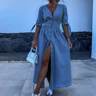 Rose™ - Long Denim Dress with V-Neck
