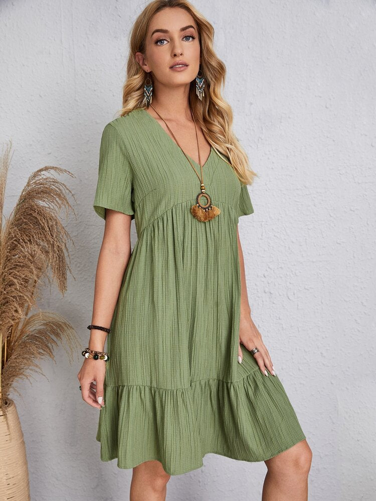 Jade™ - Women's Pleated Ruffle Solid Dresses Casual V-Neck