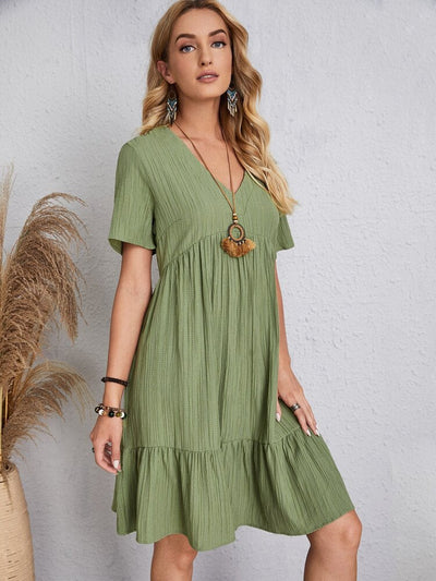 Jade™ - Women's Pleated Ruffle Solid Dresses Casual V-Neck