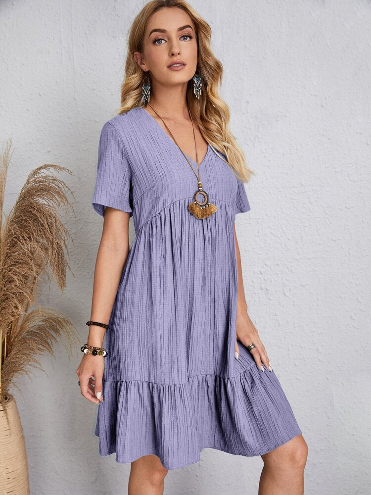 Jade™ - Women's Pleated Ruffle Solid Dresses Casual V-Neck