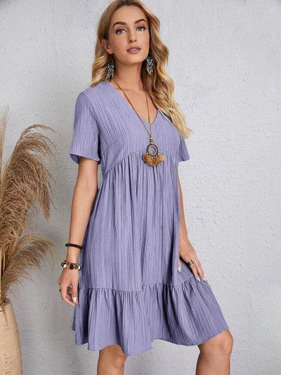 Jade™ - Women's Pleated Ruffle Solid Dresses Casual V-Neck