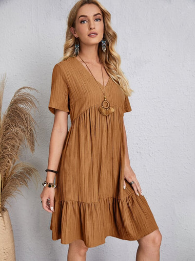 Jade™ - Women's Pleated Ruffle Solid Dresses Casual V-Neck