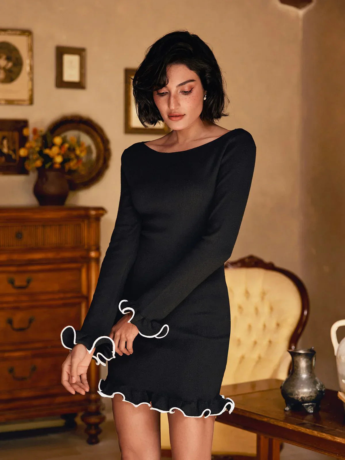 Amy™ - Long-Sleeved Knitted Mini Dress with Ruffles