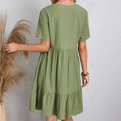 Jade™ - Women's Pleated Ruffle Solid Dresses Casual V-Neck
