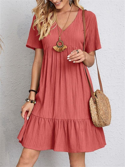 Jade™ - Women's Pleated Ruffle Solid Dresses Casual V-Neck