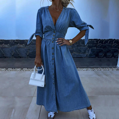 Rose™ - Long Denim Dress with V-Neck