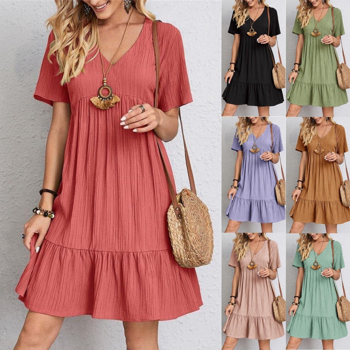 Jade™ - Women's Pleated Ruffle Solid Dresses Casual V-Neck