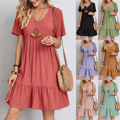 Jade™ - Women's Pleated Ruffle Solid Dresses Casual V-Neck