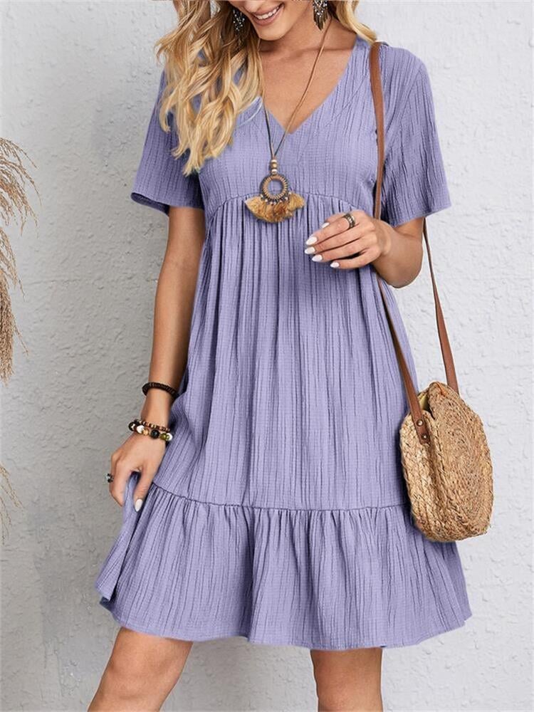 Jade™ - Women's Pleated Ruffle Solid Dresses Casual V-Neck
